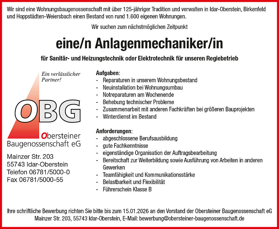 Stellenanzeige für eine/n Anlagenmechaniker/in